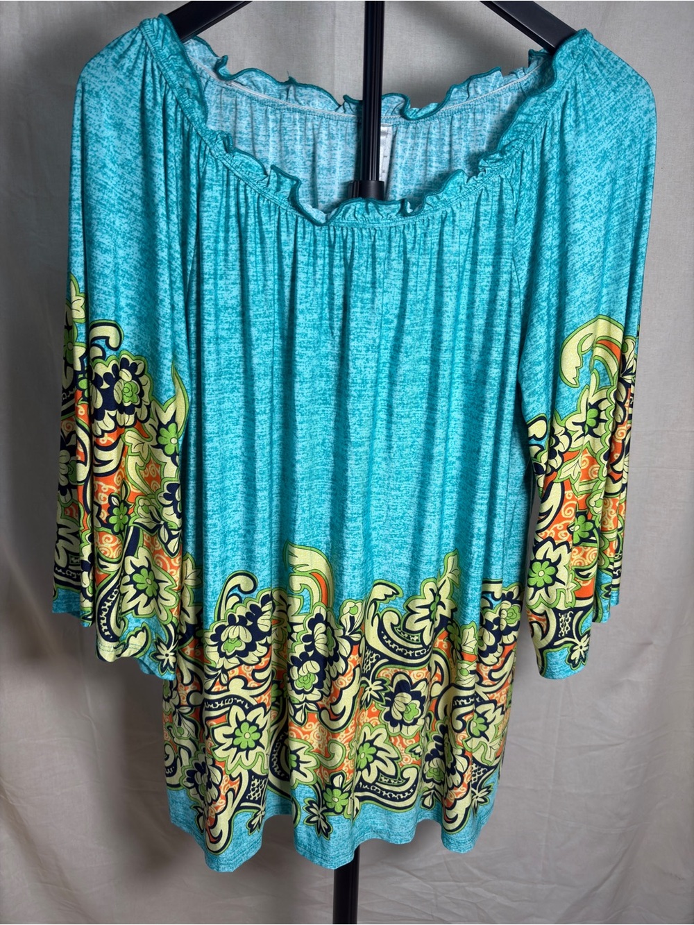 R Rouge Turquoise Floral Boho Peasant Top Ruffle Off Shoulder Blouse 1X Vacation